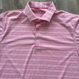 Johnnie-O Men Sz L Golf Polo Performance Shirt Striped Pink White Stretch Preppy